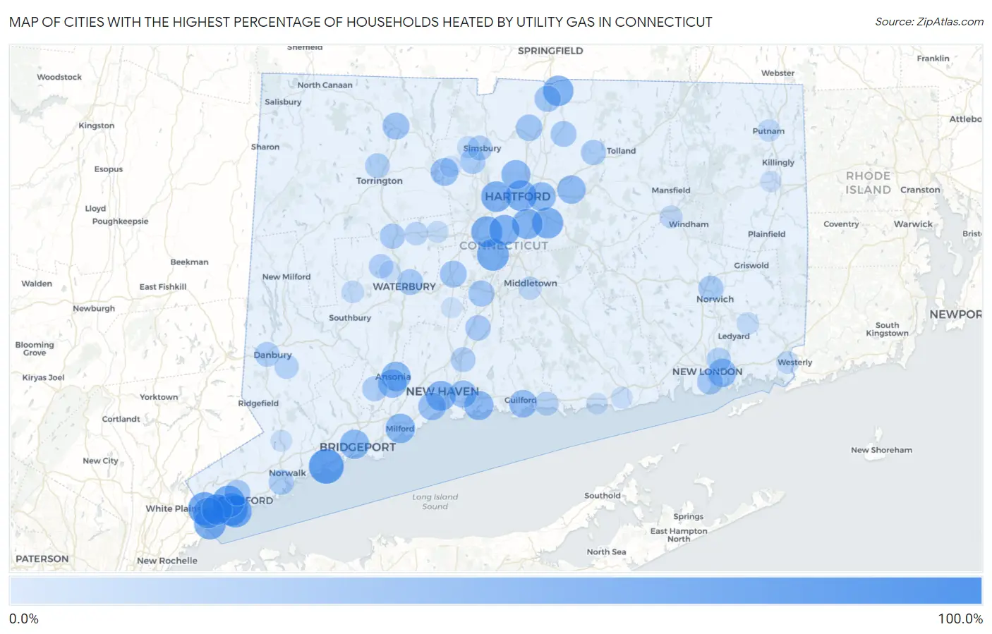 Cities with the Highest Percentage of Households Heated by Utility Gas in Connecticut Map