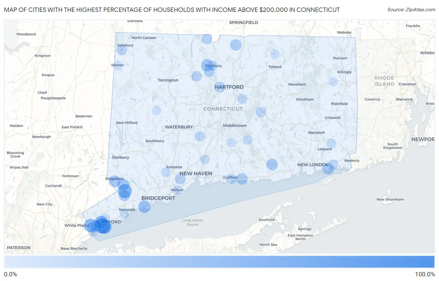 Cities with the Highest Percentage of Households with Income Above $200,000 in Connecticut Map