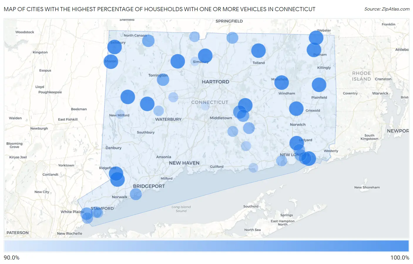 Cities with the Highest Percentage of Households With One or more Vehicles in Connecticut Map