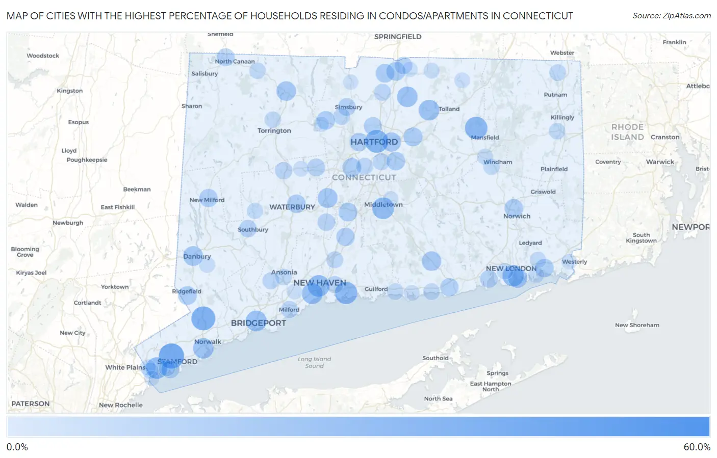 Cities with the Highest Percentage of Households Residing in Condos/Apartments in Connecticut Map