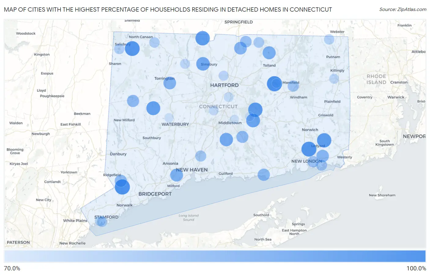 Cities with the Highest Percentage of Households Residing in Detached Homes in Connecticut Map