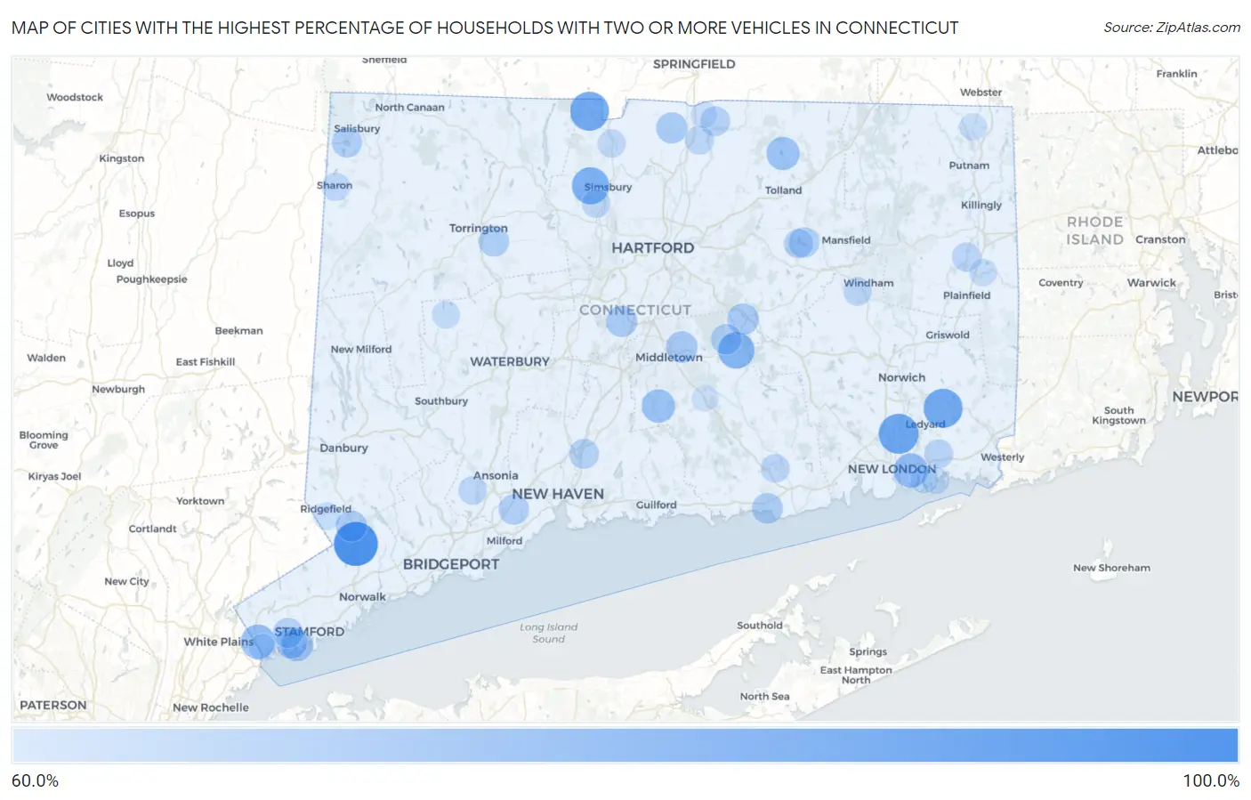Cities with the Highest Percentage of Households With Two or more Vehicles in Connecticut Map