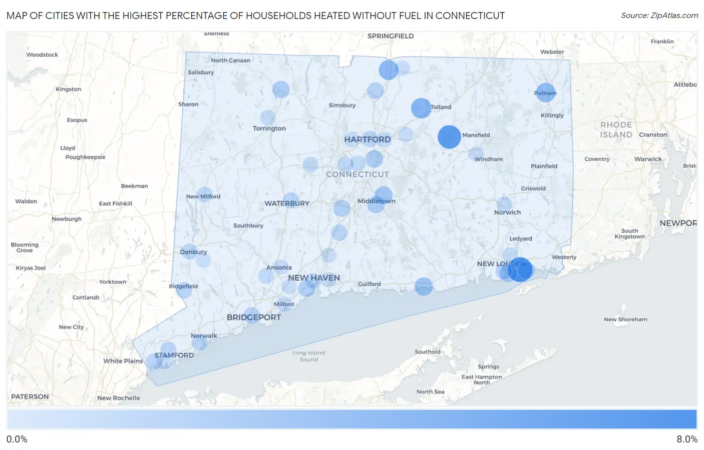 Cities with the Highest Percentage of Households Heated without Fuel in Connecticut Map