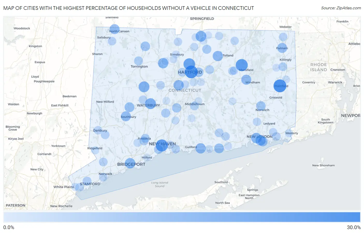 Cities with the Highest Percentage of Households Without a Vehicle in Connecticut Map