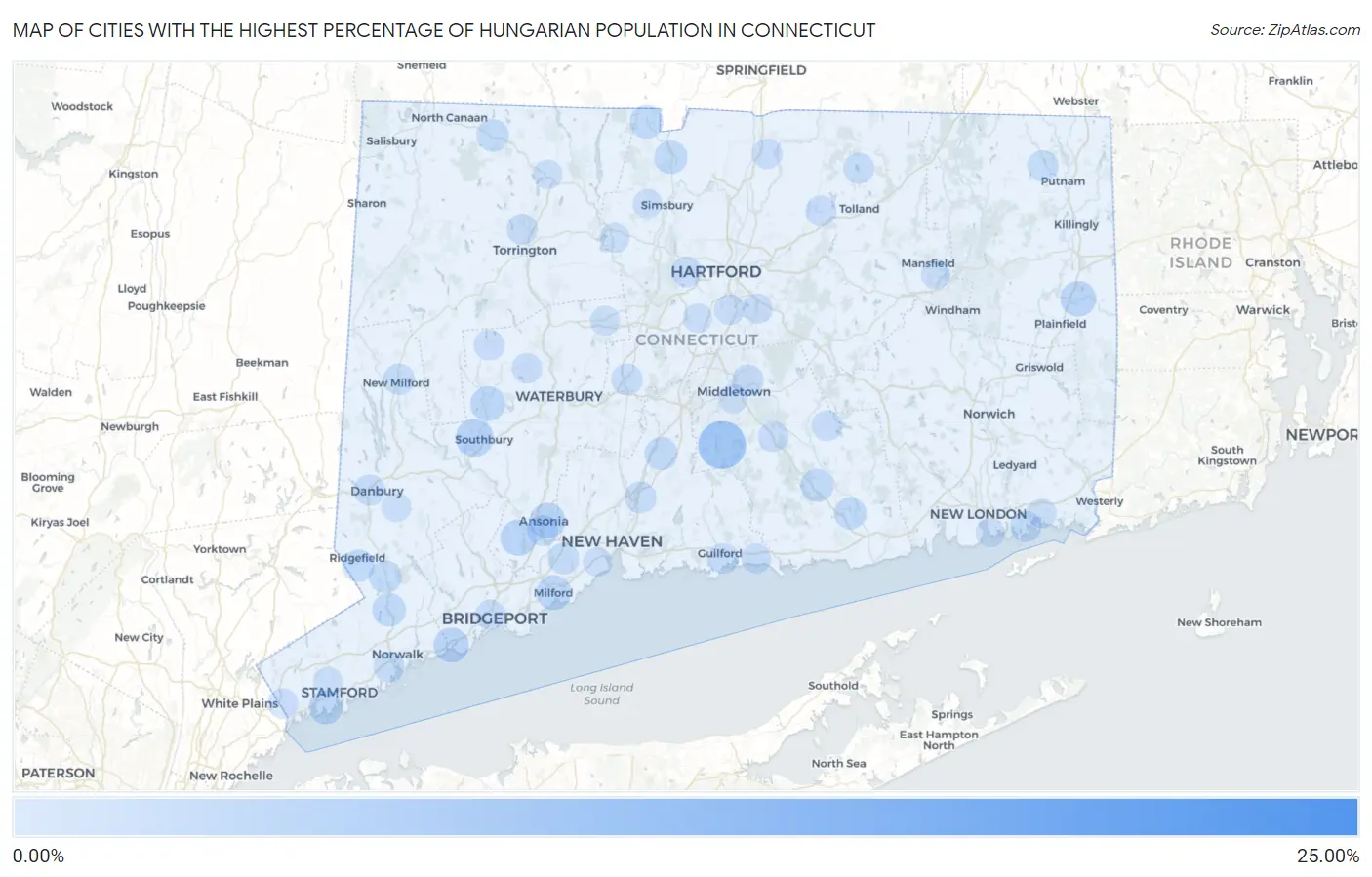 Cities with the Highest Percentage of Hungarian Population in Connecticut Map