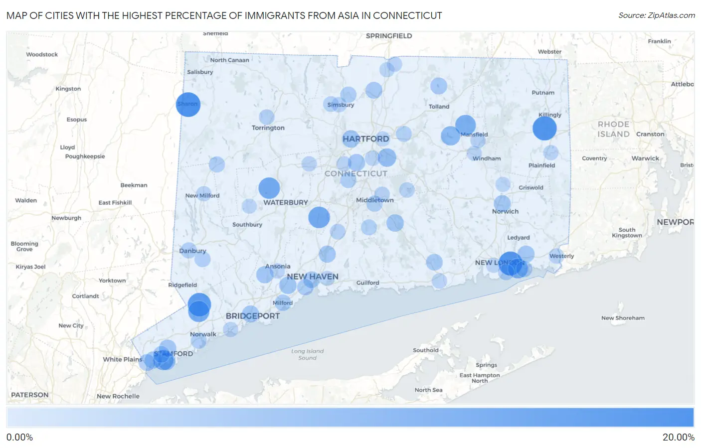 Cities with the Highest Percentage of Immigrants from Asia in Connecticut Map