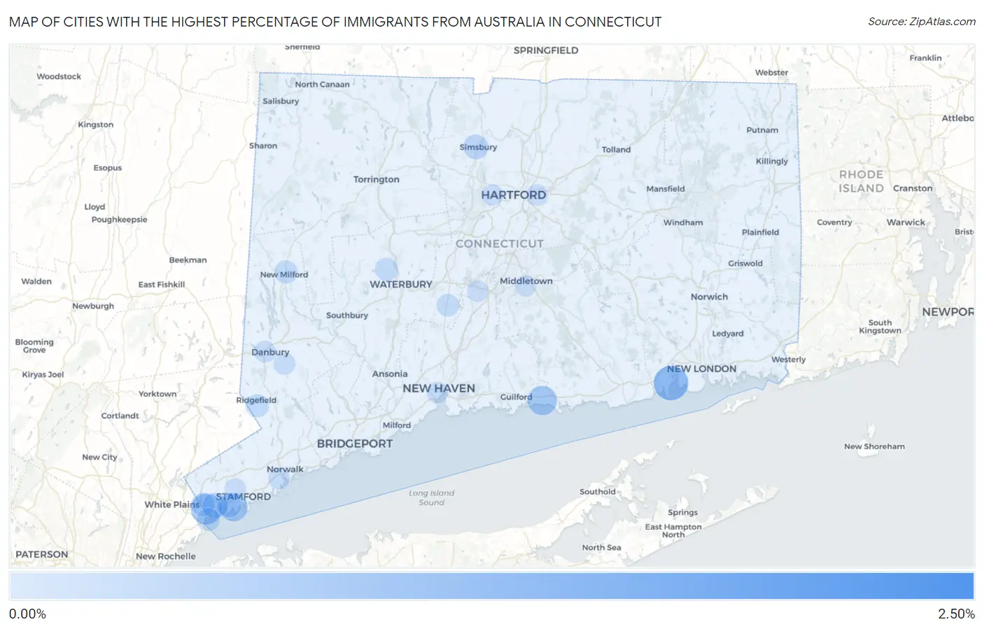 Cities with the Highest Percentage of Immigrants from Australia in Connecticut Map