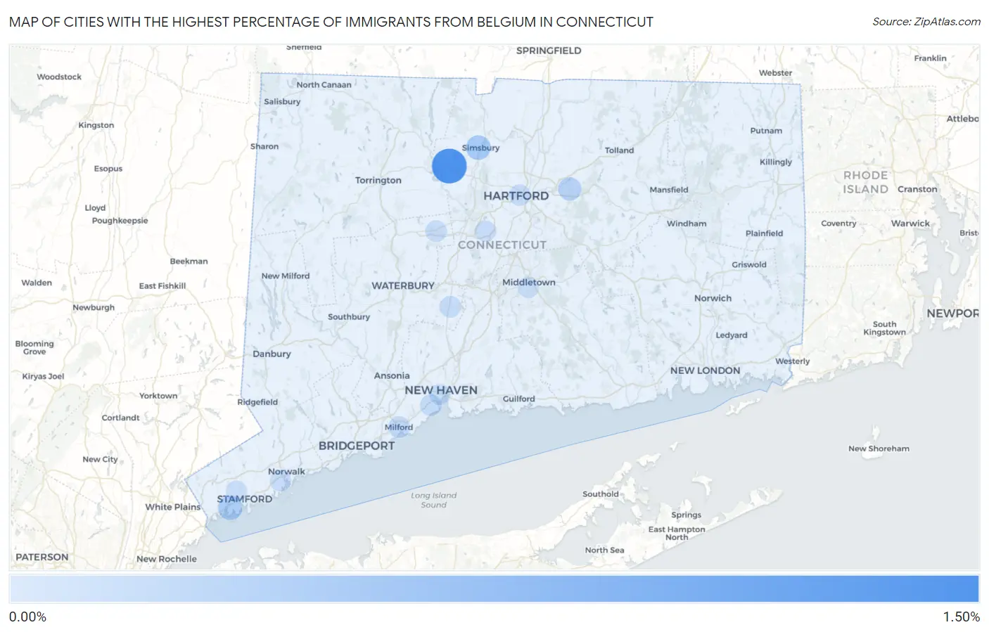 Cities with the Highest Percentage of Immigrants from Belgium in Connecticut Map