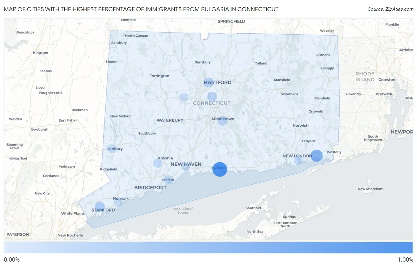 Cities with the Highest Percentage of Immigrants from Bulgaria in Connecticut Map