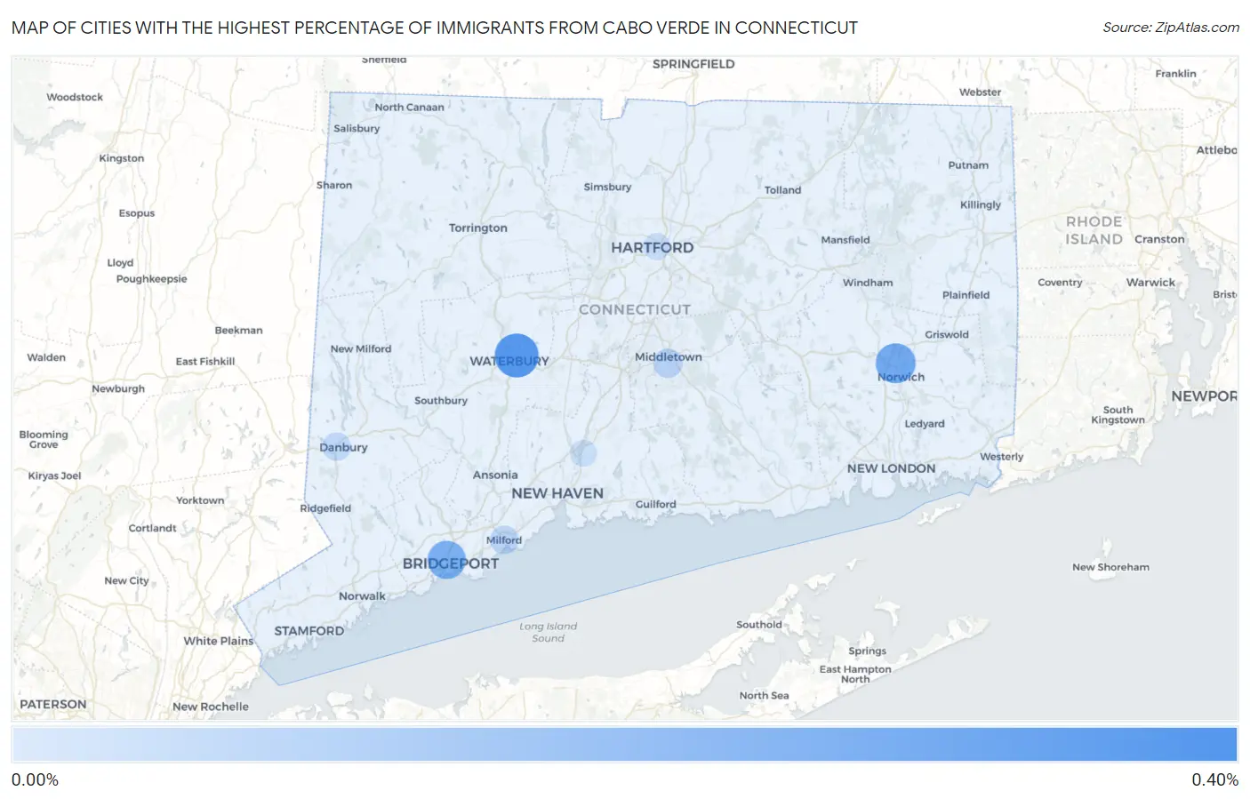Cities with the Highest Percentage of Immigrants from Cabo Verde in Connecticut Map