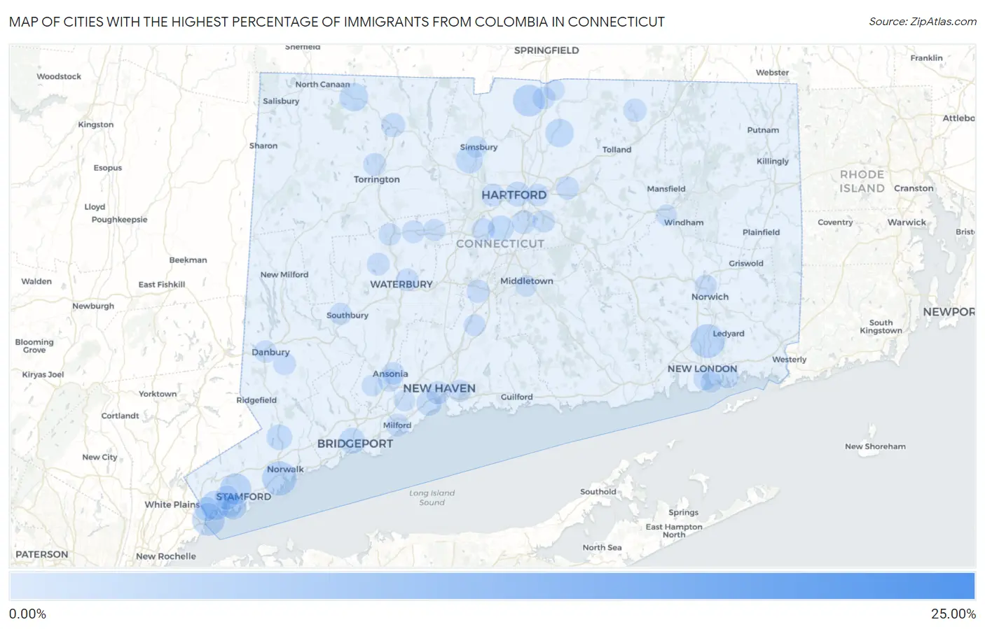 Cities with the Highest Percentage of Immigrants from Colombia in Connecticut Map