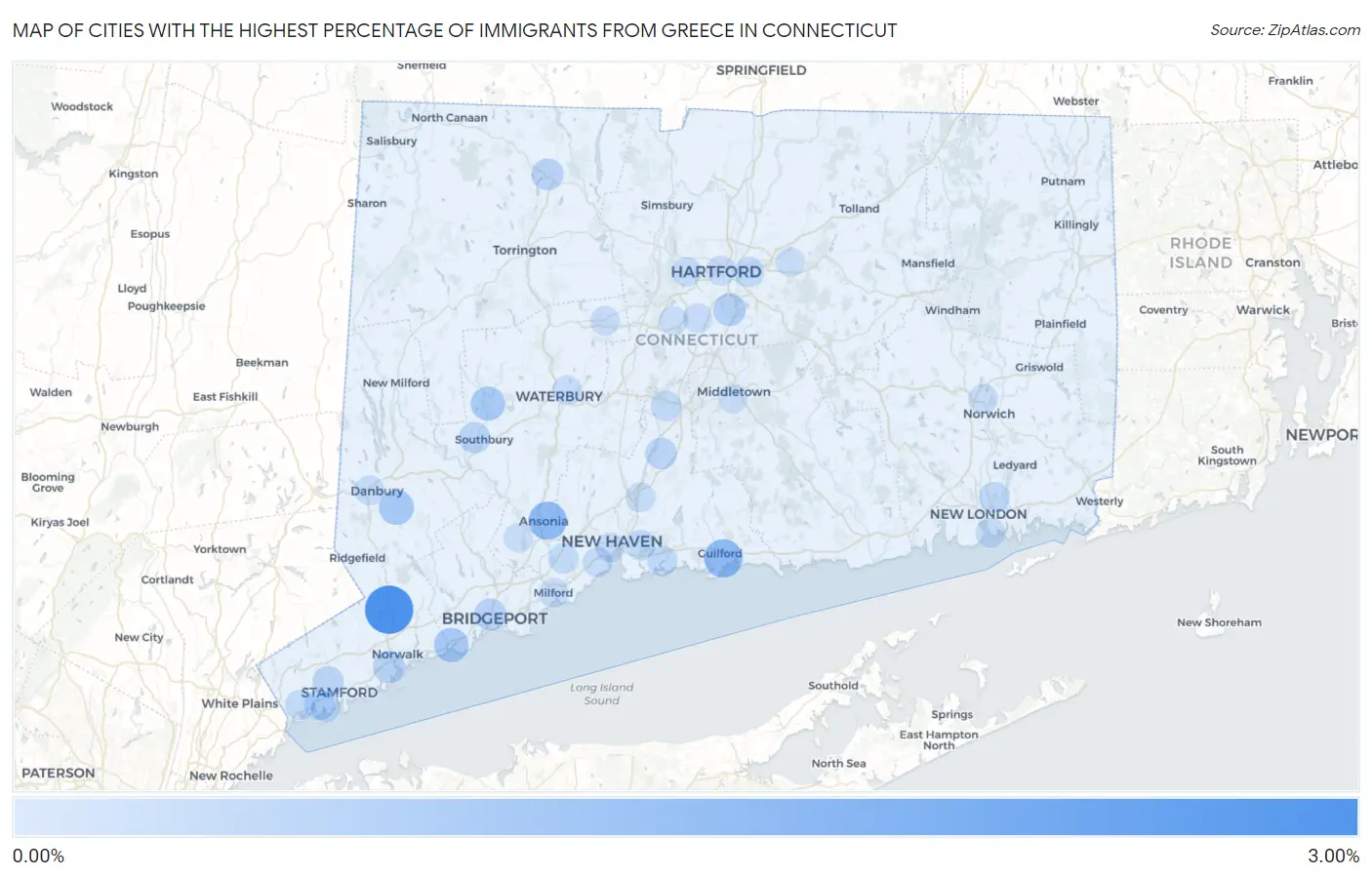 Cities with the Highest Percentage of Immigrants from Greece in Connecticut Map