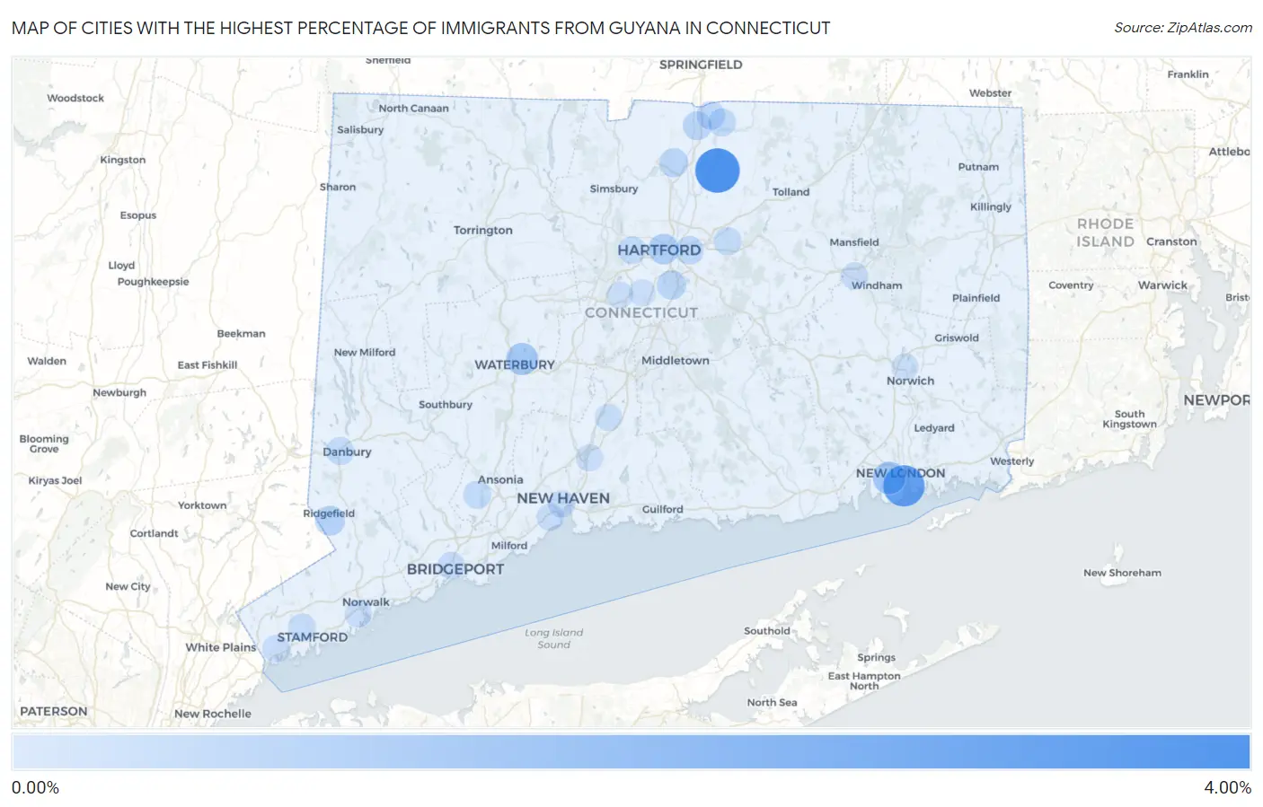 Cities with the Highest Percentage of Immigrants from Guyana in Connecticut Map