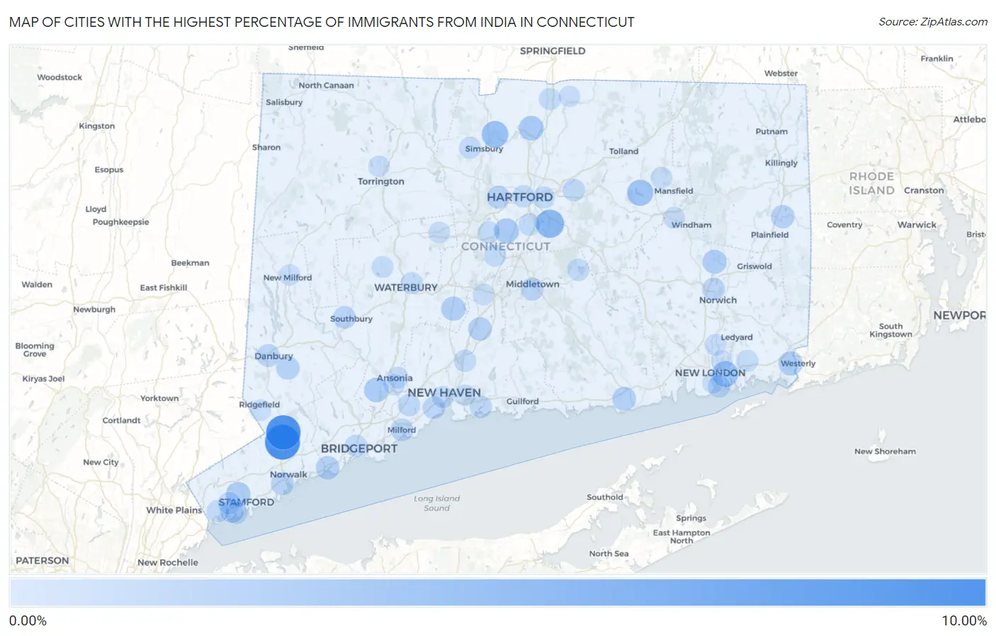 Cities with the Highest Percentage of Immigrants from India in Connecticut Map