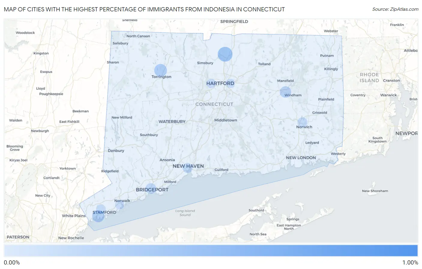 Cities with the Highest Percentage of Immigrants from Indonesia in Connecticut Map