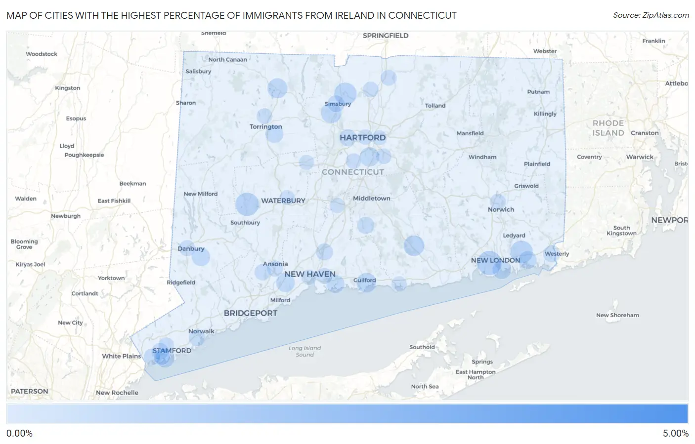 Cities with the Highest Percentage of Immigrants from Ireland in Connecticut Map