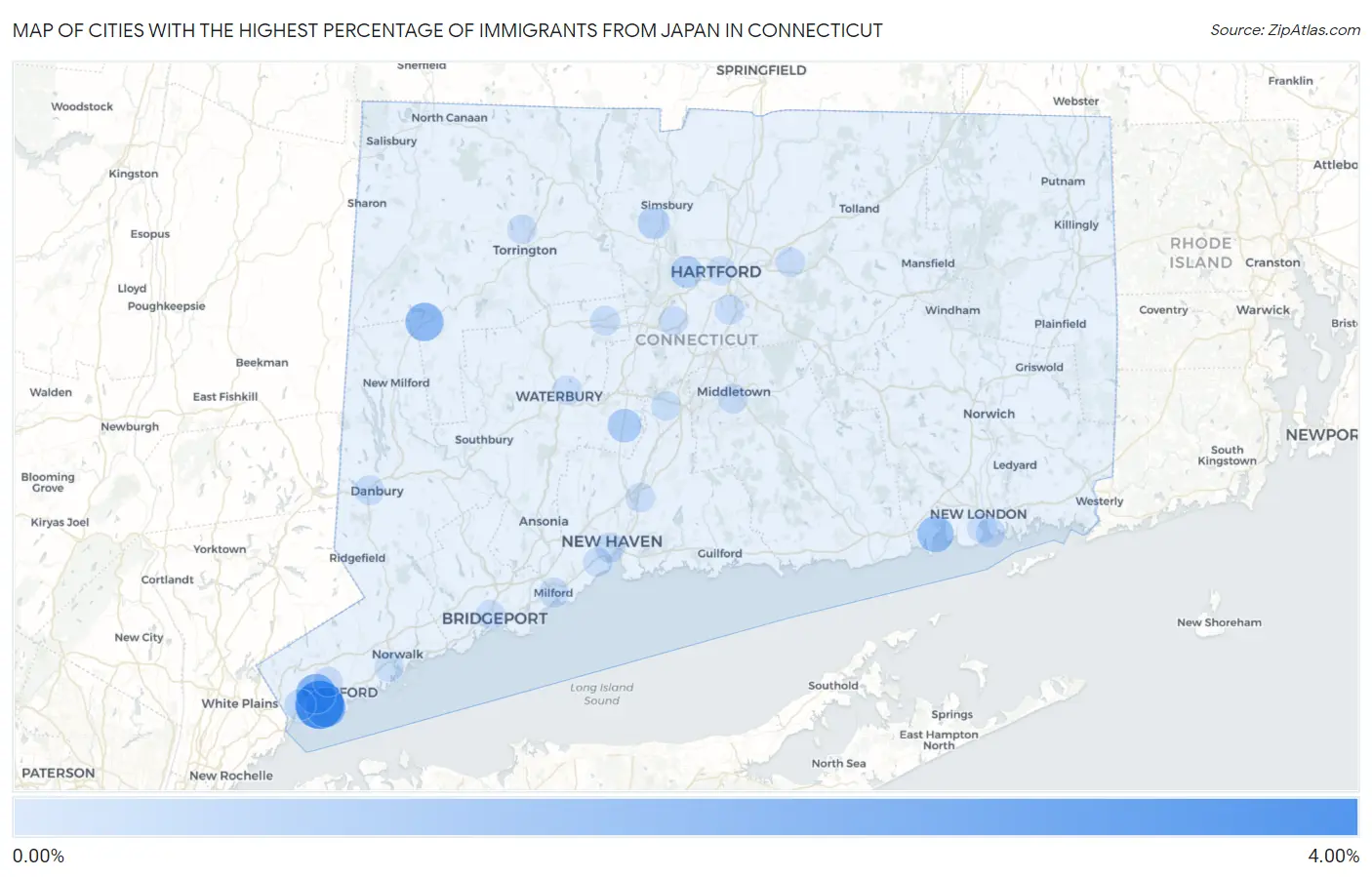 Cities with the Highest Percentage of Immigrants from Japan in Connecticut Map