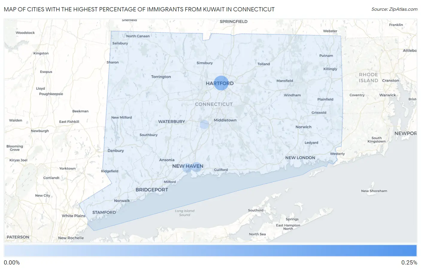 Cities with the Highest Percentage of Immigrants from Kuwait in Connecticut Map