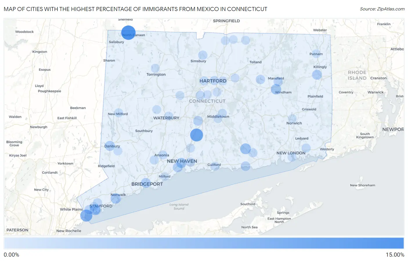 Cities with the Highest Percentage of Immigrants from Mexico in Connecticut Map