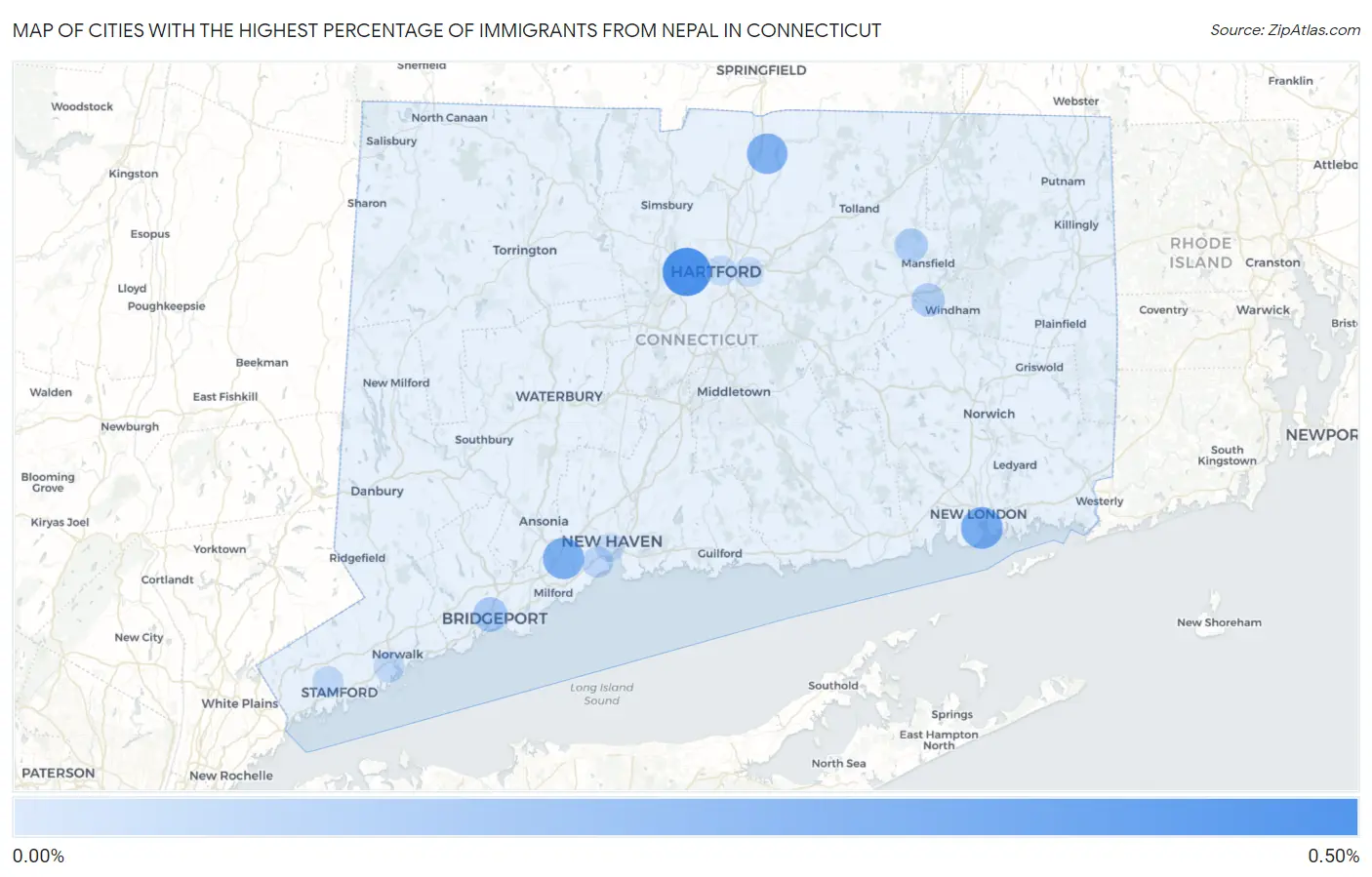 Cities with the Highest Percentage of Immigrants from Nepal in Connecticut Map