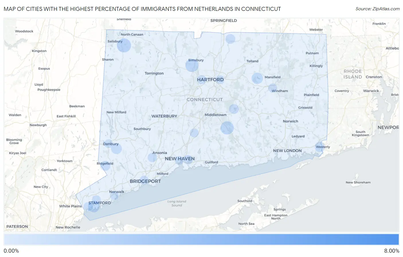 Cities with the Highest Percentage of Immigrants from Netherlands in Connecticut Map