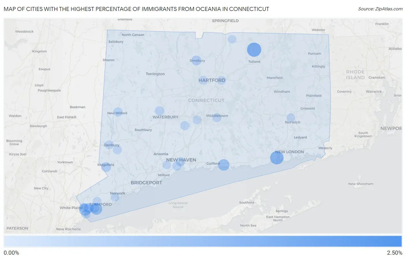 Cities with the Highest Percentage of Immigrants from Oceania in Connecticut Map