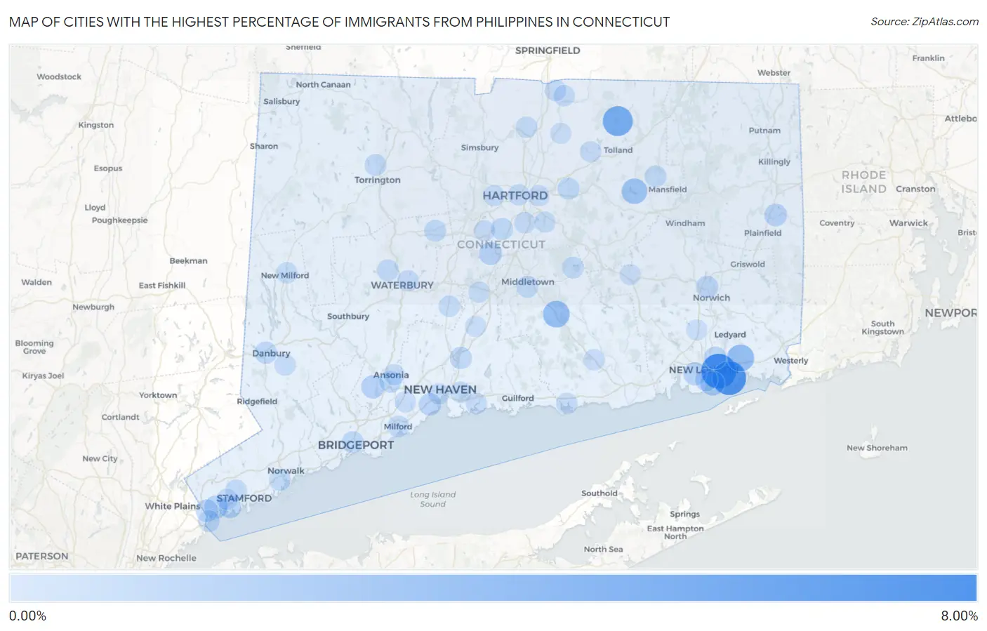 Cities with the Highest Percentage of Immigrants from Philippines in Connecticut Map