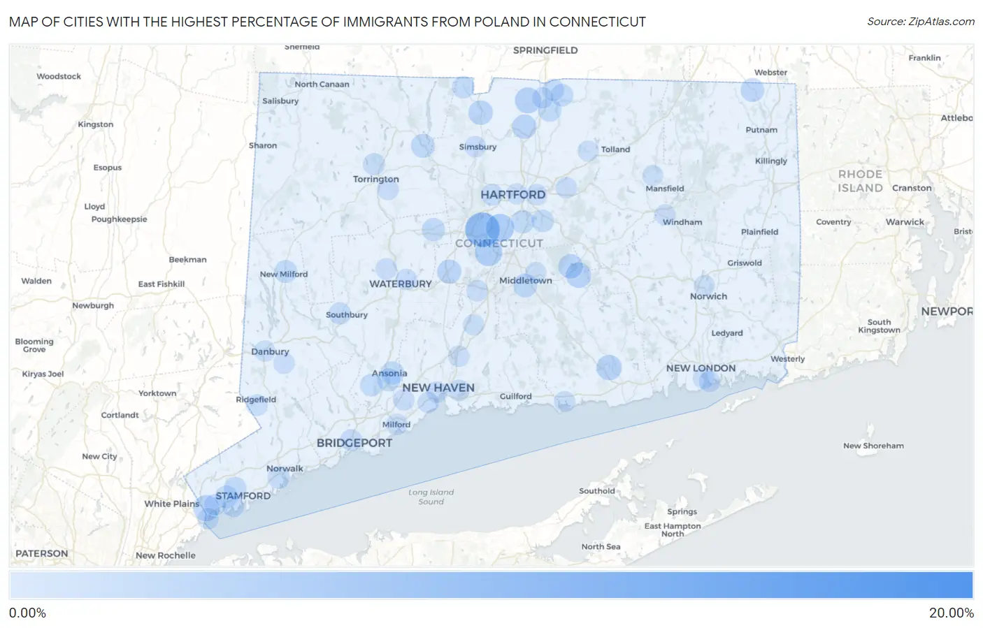 Cities with the Highest Percentage of Immigrants from Poland in Connecticut Map