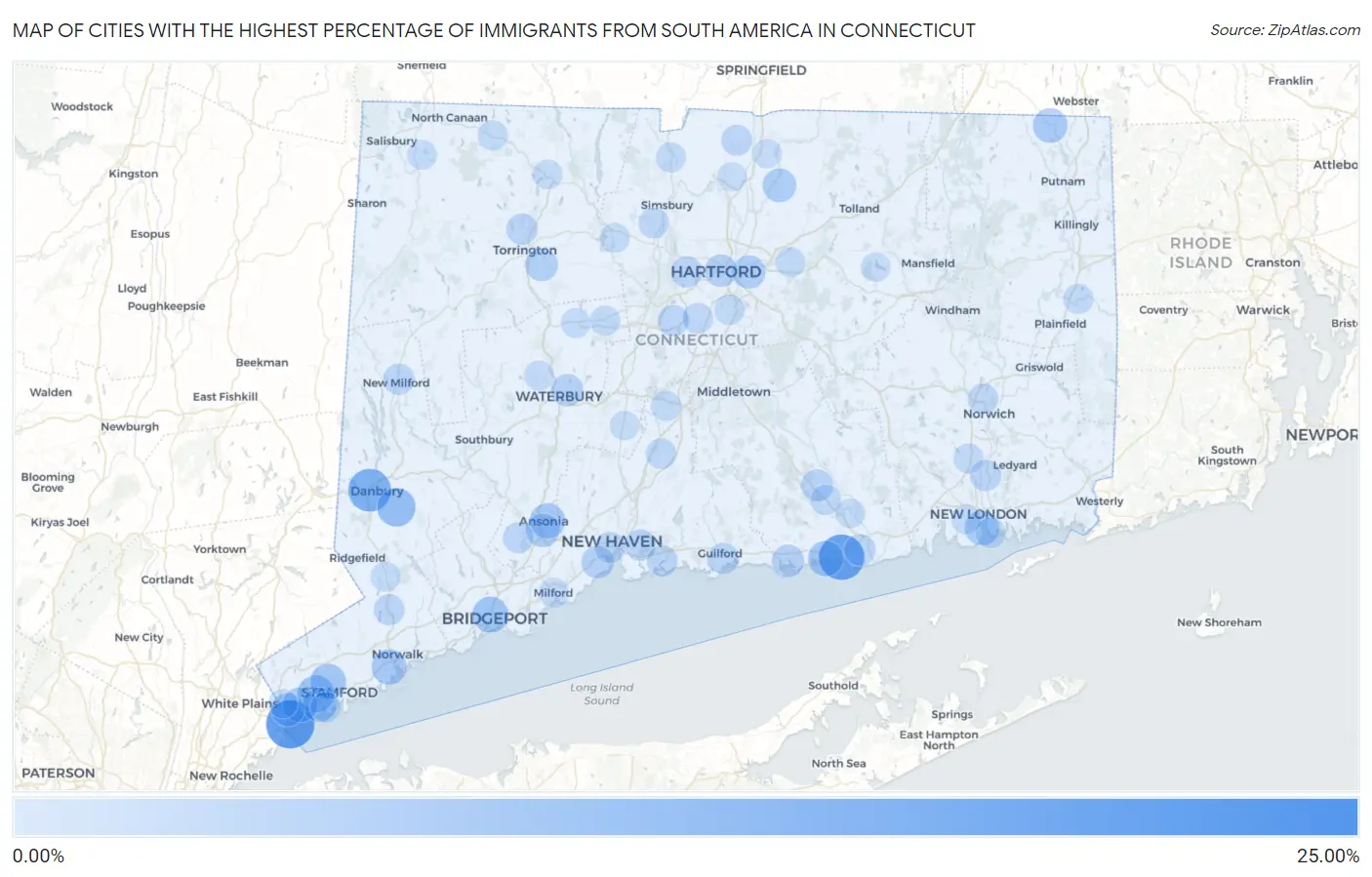 Cities with the Highest Percentage of Immigrants from South America in Connecticut Map
