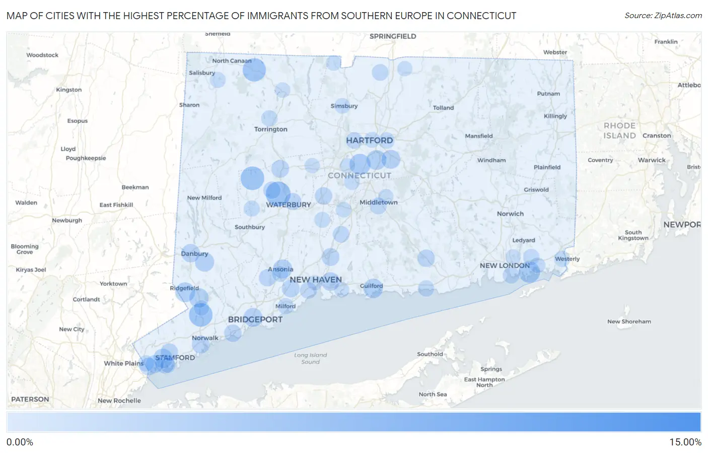 Cities with the Highest Percentage of Immigrants from Southern Europe in Connecticut Map