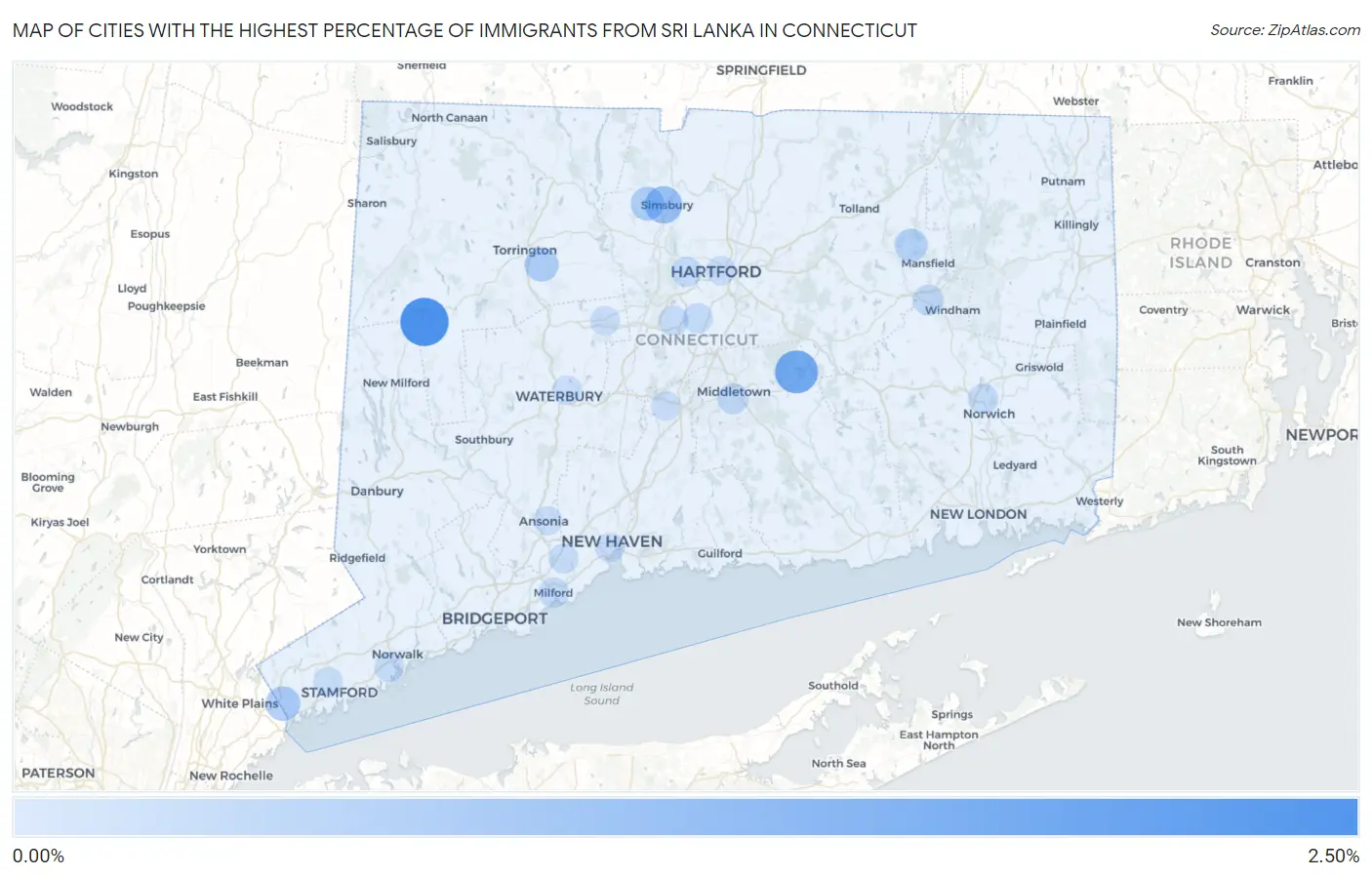 Cities with the Highest Percentage of Immigrants from Sri Lanka in Connecticut Map