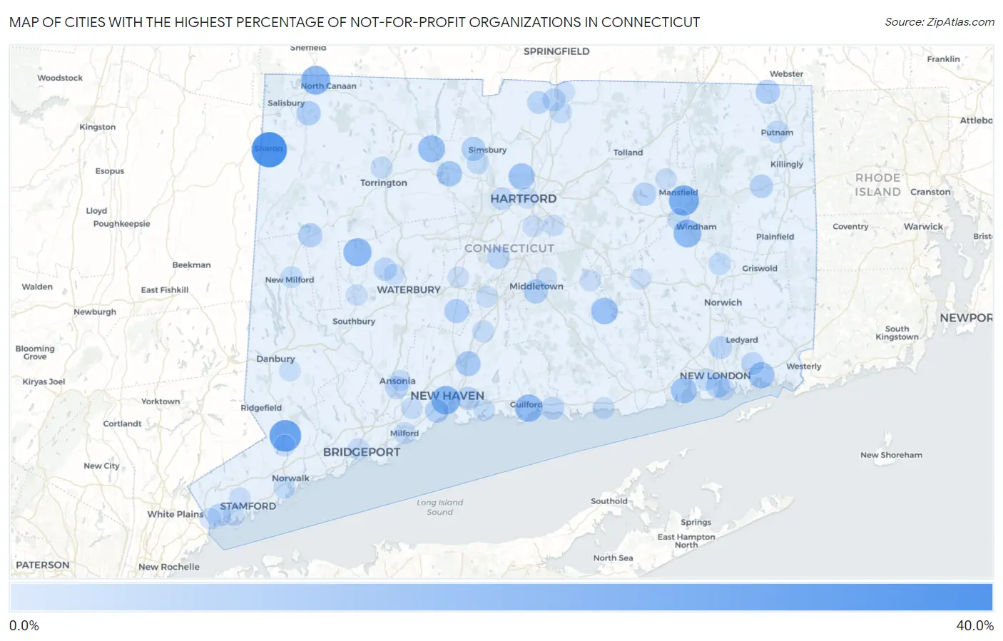 Cities with the Highest Percentage of Not-for-profit Organizations in Connecticut Map