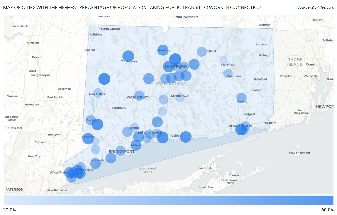 Cities with the Highest Percentage of Population Taking Public Transit to Work in Connecticut Map