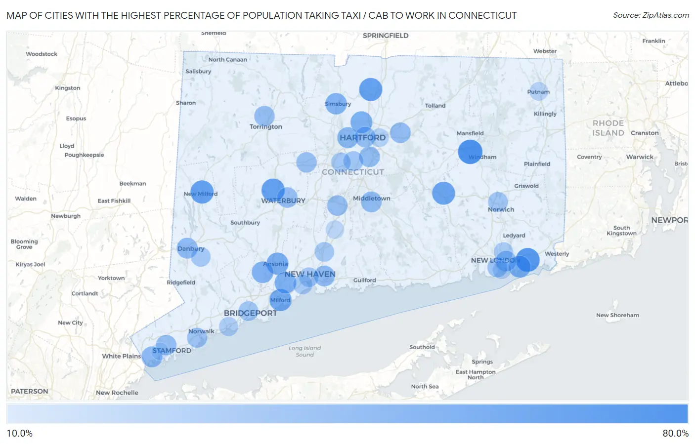 Cities with the Highest Percentage of Population Taking Taxi / Cab to Work in Connecticut Map