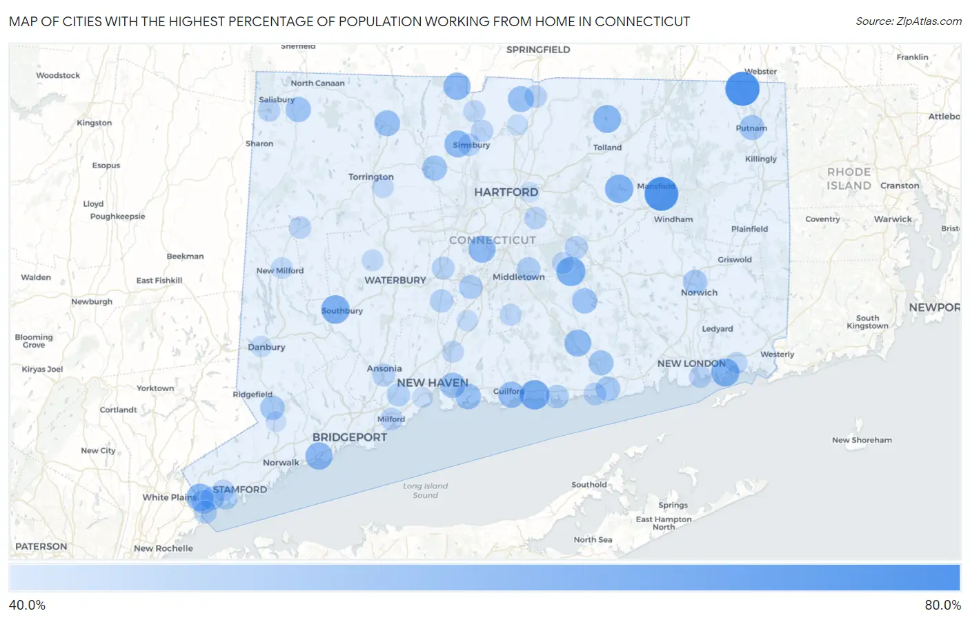 Cities with the Highest Percentage of Population Working from Home in Connecticut Map