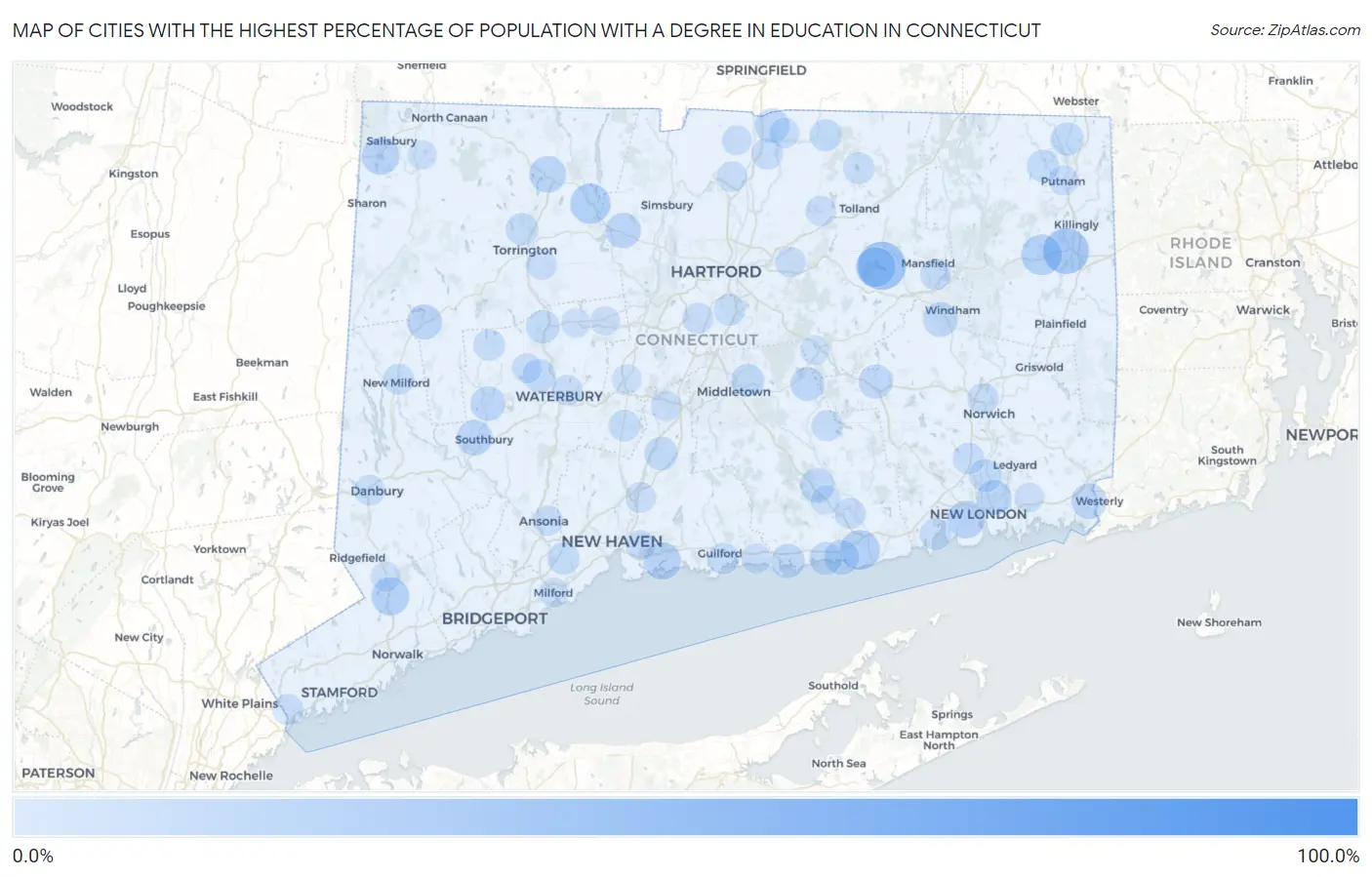 Cities with the Highest Percentage of Population with a Degree in Education in Connecticut Map