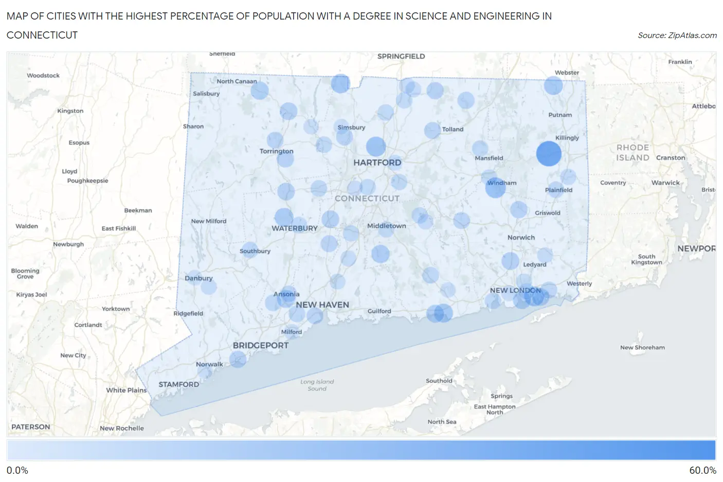 Cities with the Highest Percentage of Population with a Degree in Science and Engineering in Connecticut Map
