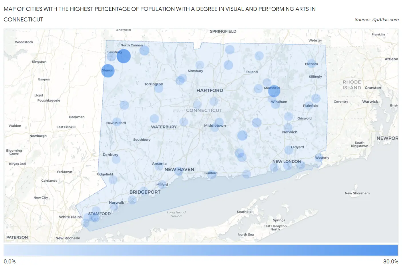 Cities with the Highest Percentage of Population with a Degree in Visual and Performing Arts in Connecticut Map