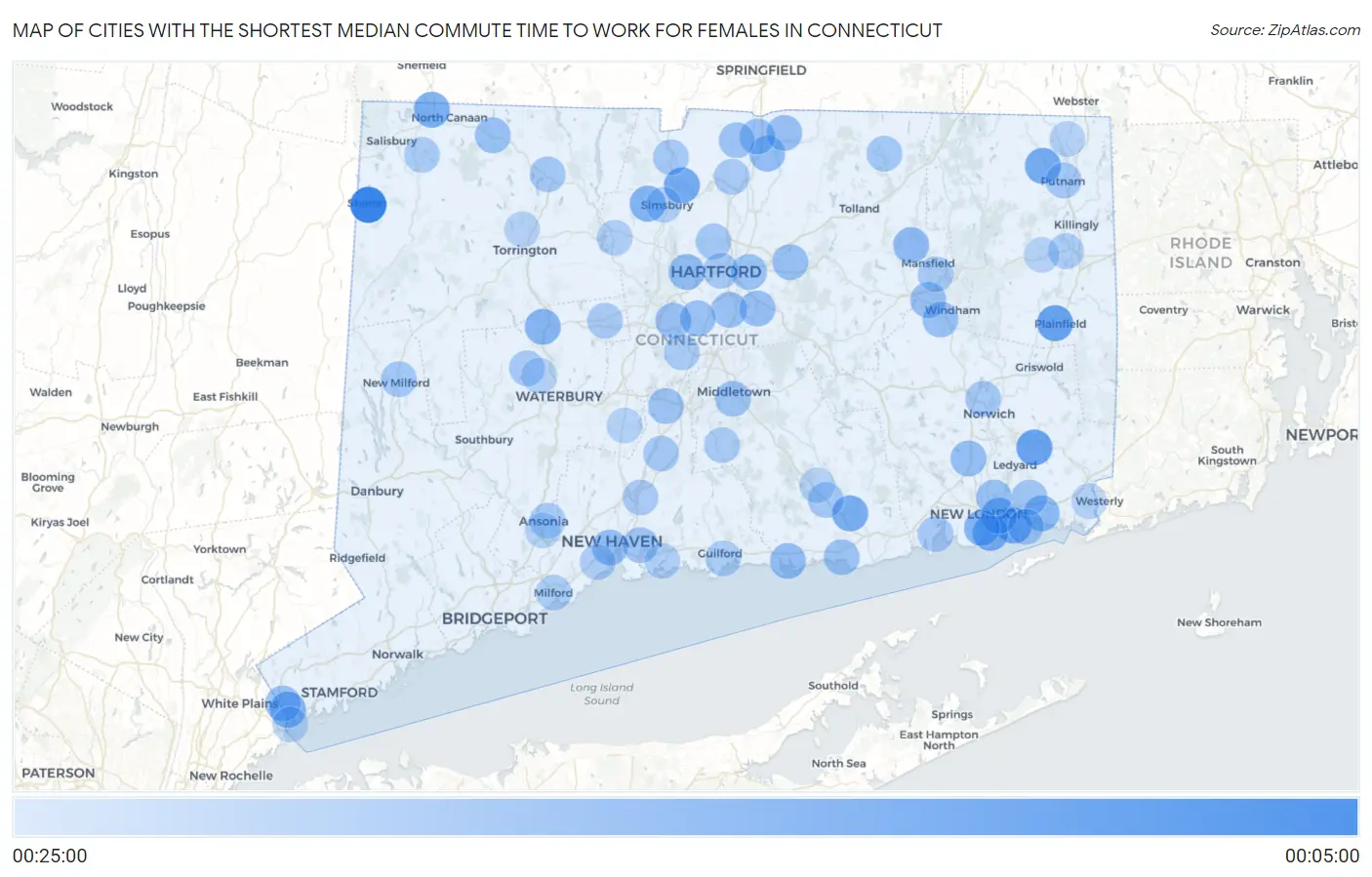 Cities with the Shortest Median Commute Time to Work for Females in Connecticut Map