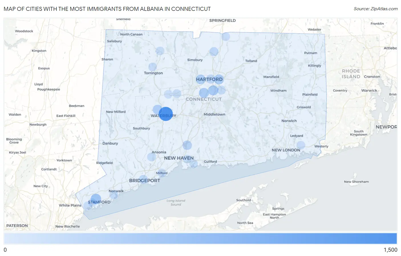 Cities with the Most Immigrants from Albania in Connecticut Map