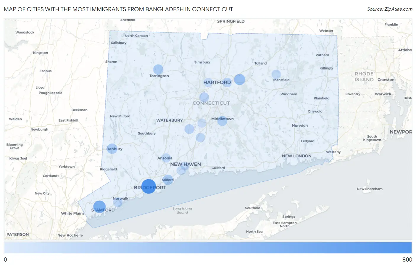 Cities with the Most Immigrants from Bangladesh in Connecticut Map