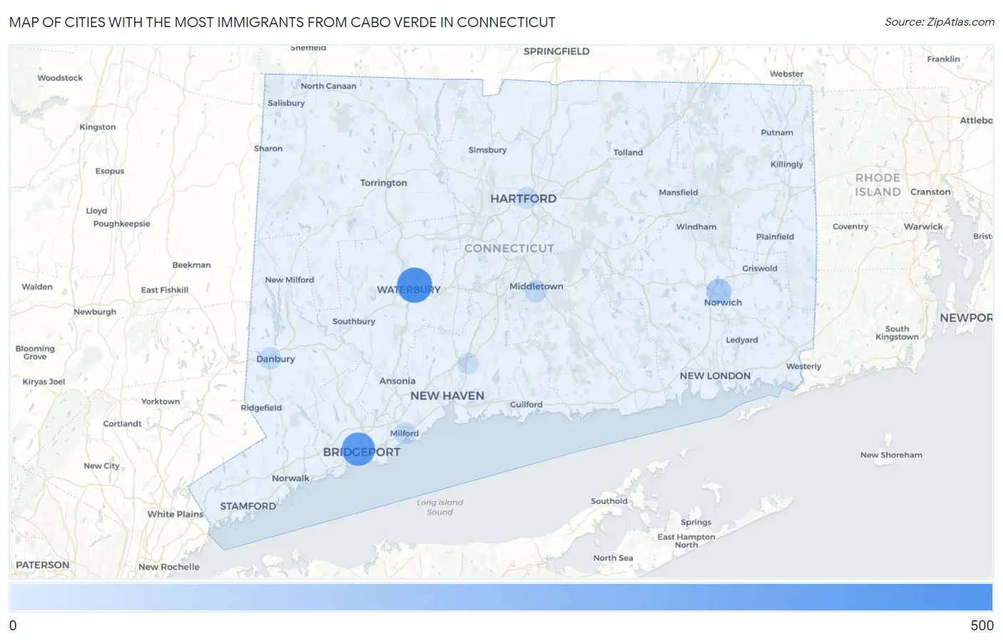 Cities with the Most Immigrants from Cabo Verde in Connecticut Map
