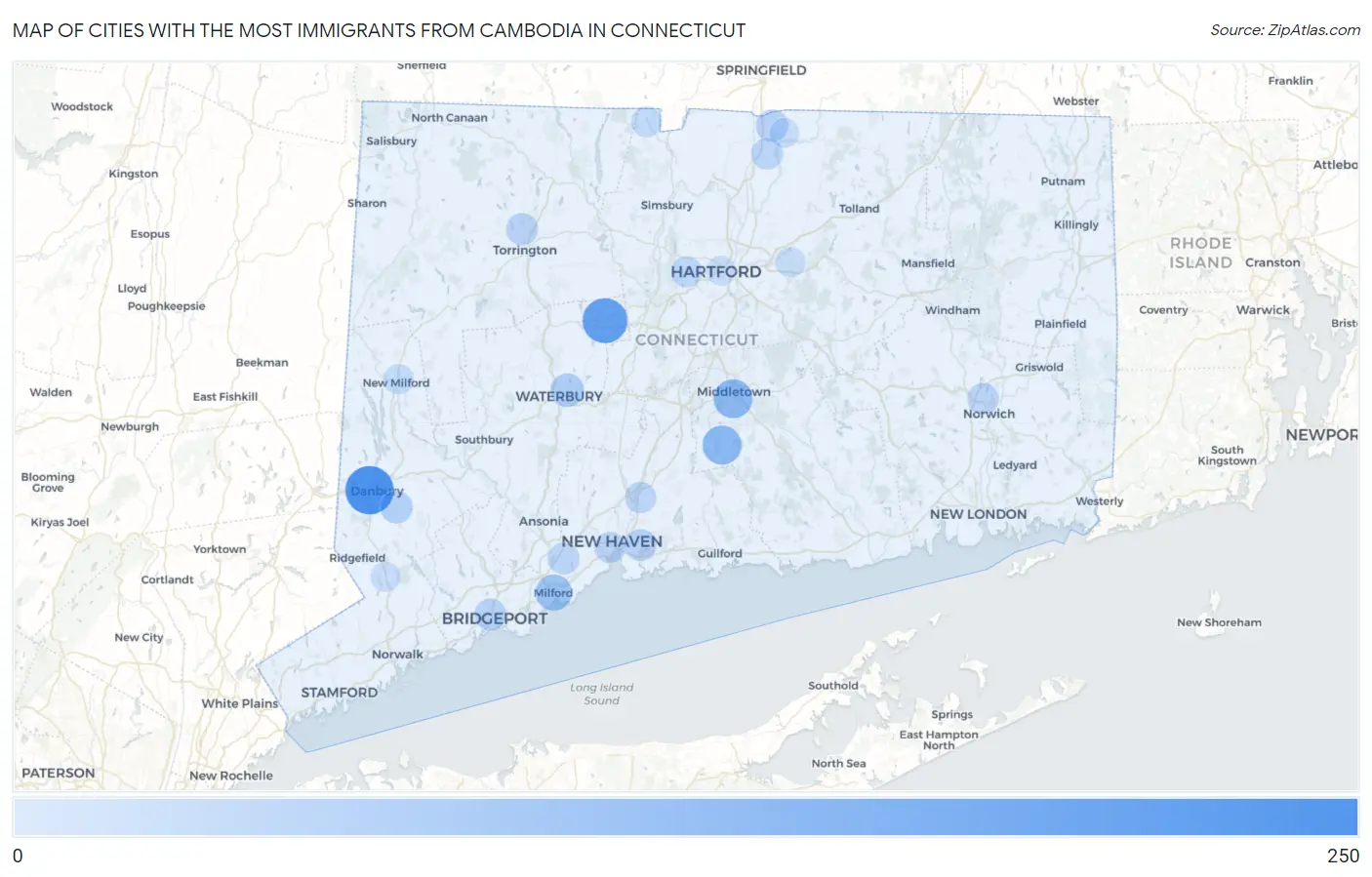 Cities with the Most Immigrants from Cambodia in Connecticut Map