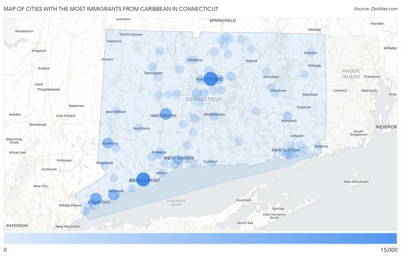 Cities with the Most Immigrants from Caribbean in Connecticut Map