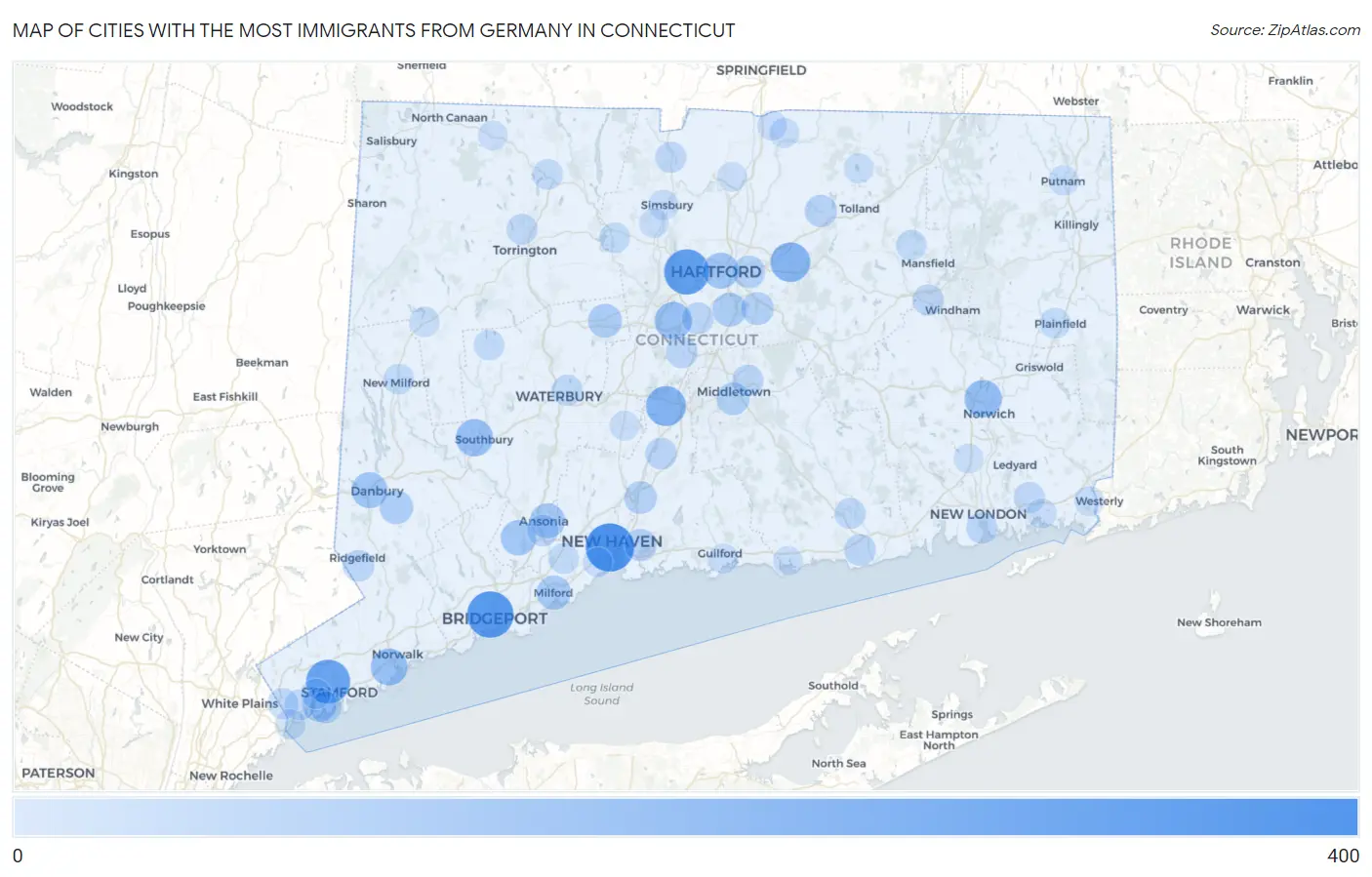 Cities with the Most Immigrants from Germany in Connecticut Map