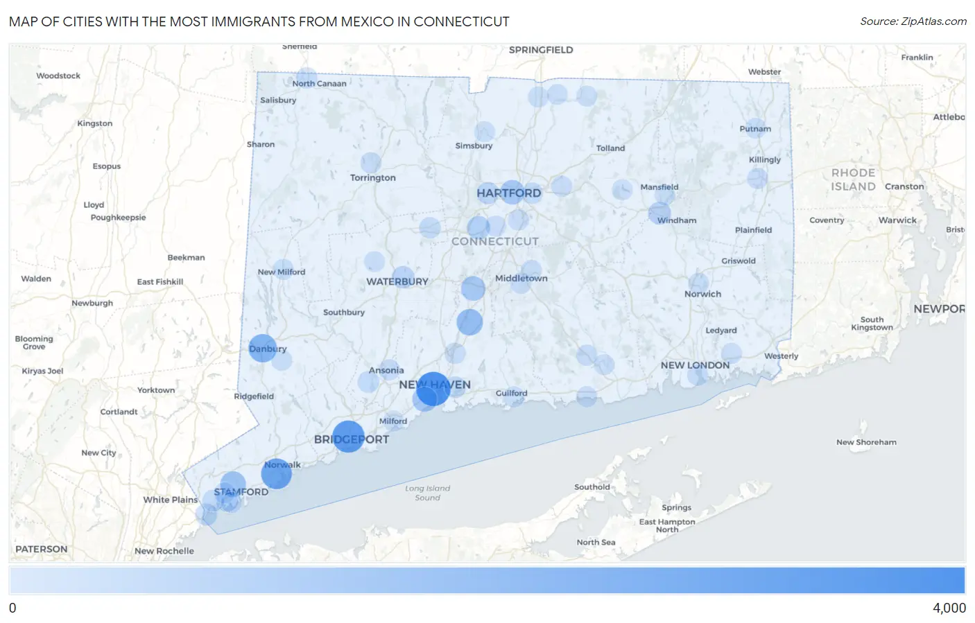 Cities with the Most Immigrants from Mexico in Connecticut Map