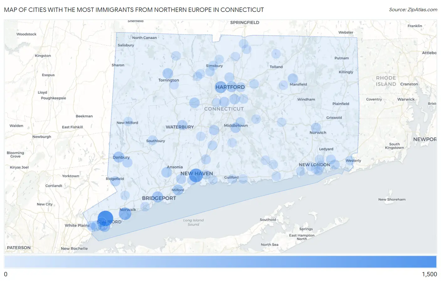 Cities with the Most Immigrants from Northern Europe in Connecticut Map