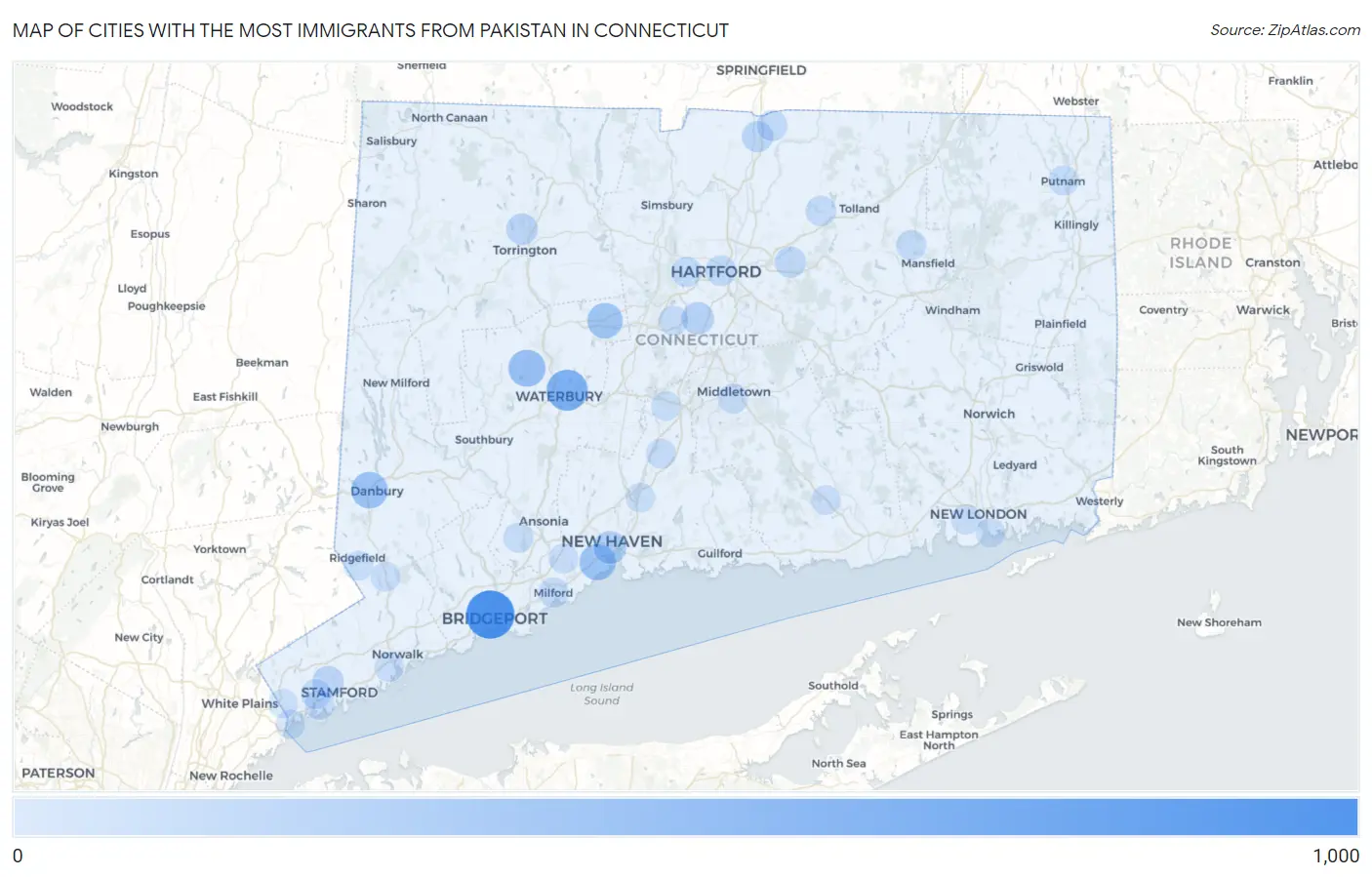 Cities with the Most Immigrants from Pakistan in Connecticut Map