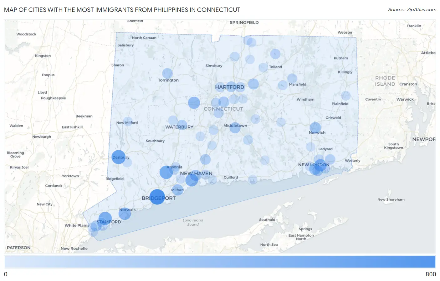 Cities with the Most Immigrants from Philippines in Connecticut Map