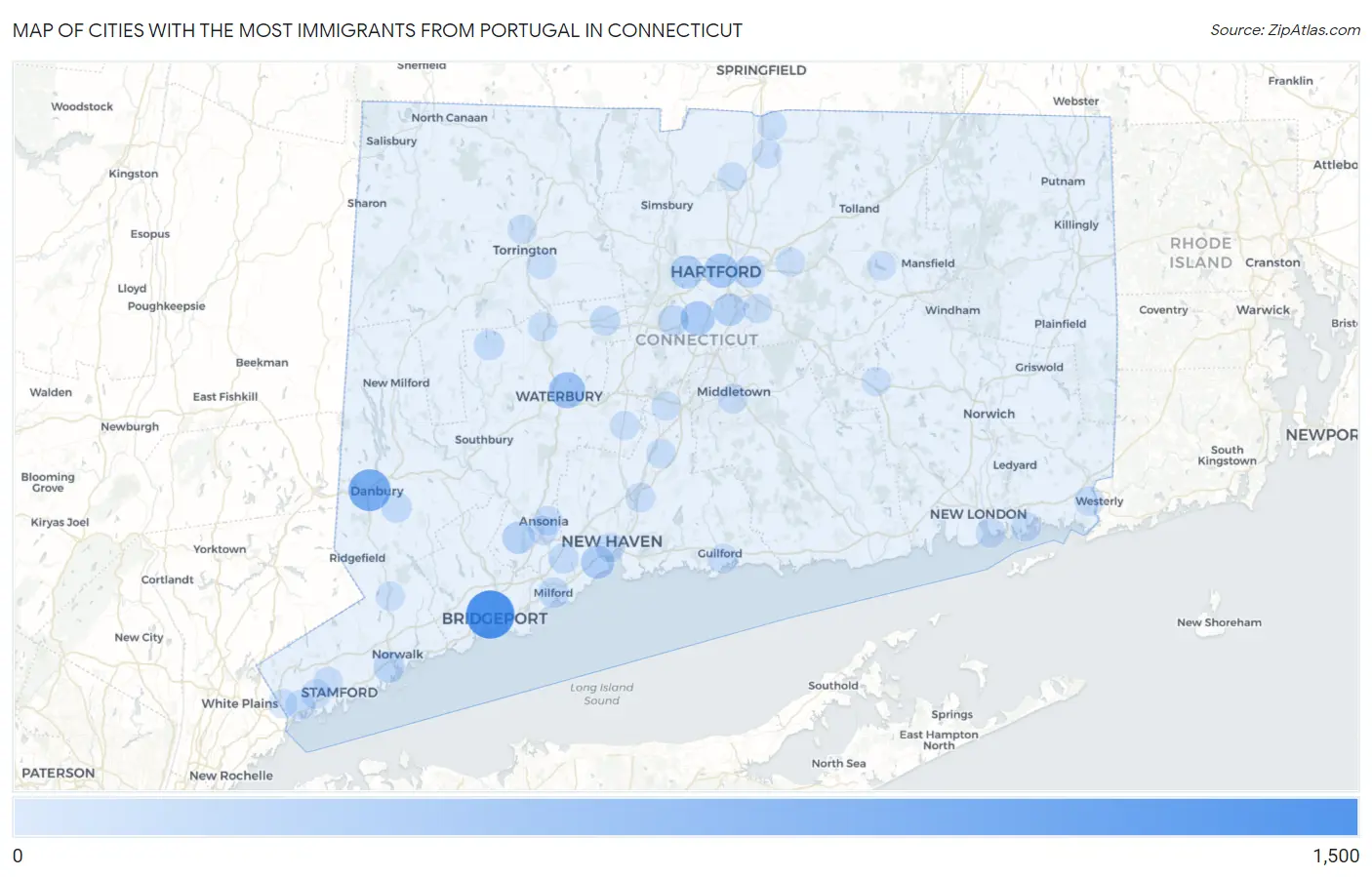 Cities with the Most Immigrants from Portugal in Connecticut Map